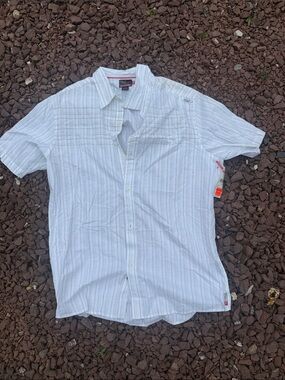 Quiksilver White Pinstripe Short-Sleeve Button-Down Shirt- XXL